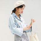 Embroidered Denim Cropped Sleeve Shirt As Shown In Figure - One Size