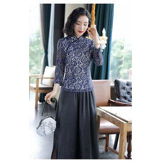 Midi A-line Dress / Qipao / Midi A-line Skirt / Lace Hanfu Blouse 90562 - Qipao - Almond - 2xl