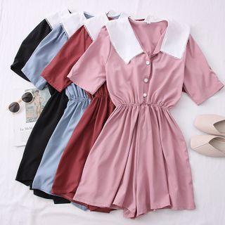 Sailor-collar Lace-trim Plain Playsuit