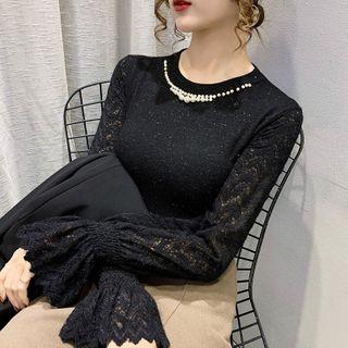 Long-sleeve Faux Pearl Lace Panel Knit Top