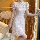 Short-sleeve Floral Print Lace Trim Mini Bodycon Dress
