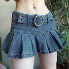 Low Rise Belted Pleated A-line Denim Skirt