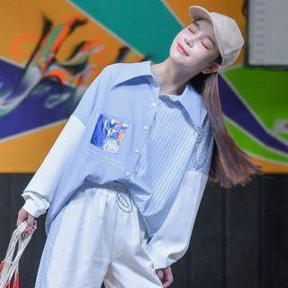 Checked Panel Color Block Shirt Blue - One Size
