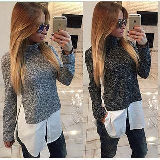 Mock Two-piece High Neck Long-sleeve Top