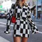 Long-sleeve Checkered Collared Mini Sheath Dress