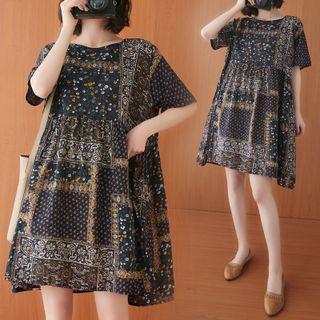 Short-sleeve Floral A-line Dress Dark Blue - One Size