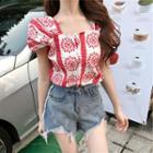Square-neck Flower Embroidered Short-sleeve Blouse