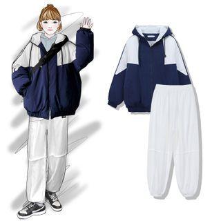 Two-tone Hooded Zip Jacket / Cropped Harem Pants