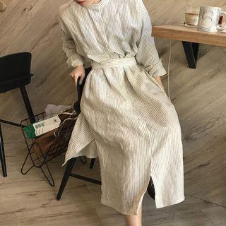 Pinstriped Long-sleeve Shirt Dress As Shown In Figure - One Size