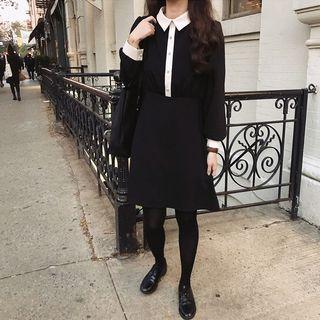 Long-sleeve Collar Short A-line Dress Black - One Size