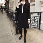 Long-sleeve Collar Short A-line Dress Black - One Size