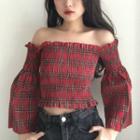 Plaid Off-shoulder Long-sleeve Cropped Top