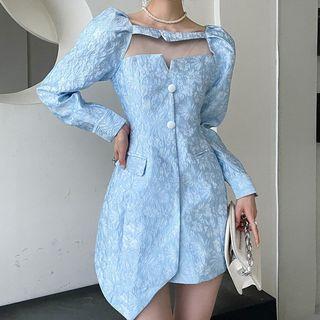 Long-sleeve Cutout Floral Print Mini Sheath Dress