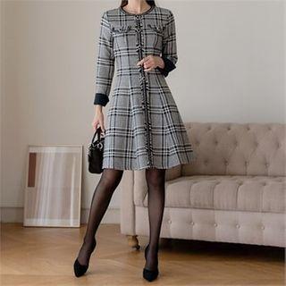 Faux-gem Button Fray-trim Plaid Dress