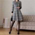 Faux-gem Button Fray-trim Plaid Dress