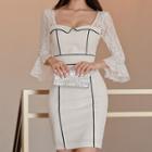 Square-neck Lace Sleeve Mini Sheath Dress