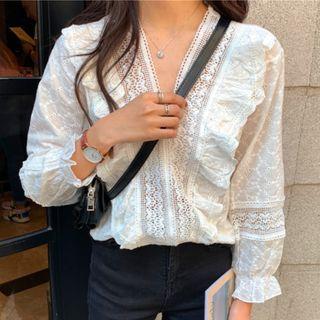 Long-sleeve Eyelet Lace Blouse White - One Size