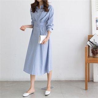 Shirred Striped Long Shirtdress