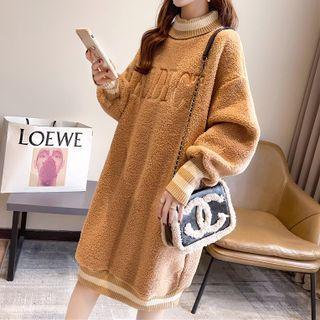 Turtleneck Fleece Midi Shift Dress