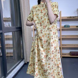 Short-sleeve Floral Qipao Dress Yellow - One Size