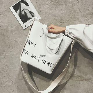 Lettering Faux Leather Tote Bag With Pouch
