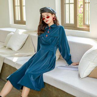Ruched Buttoned Long-sleeve A-line Midi Dress