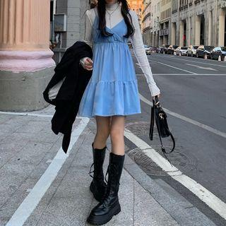 Long-sleeve Top / Mini A-line Pinafore Velvet Dress