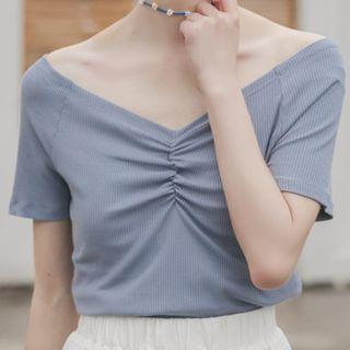 Shirred Front Off-shoulder Knit Top