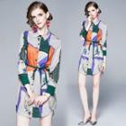 Long-sleeve Sashed Printed Mini Shirt Dress