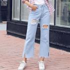 High-waist Distressed Cropped Straight-cut Jeans
