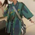 Elbow-sleeve Abstract Print Shirt Green - One Size