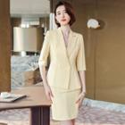 Elbow-sleeve Double-breasted Blazer / Mini Pencil Skirt / Set
