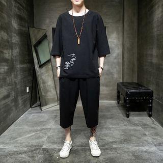 Elbow-sleeve Cloud Embroidered Top / Tapered Pants