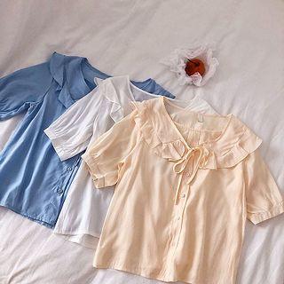 Plain V-neck Panel Ruffled Trim Short-sleeve Blouse