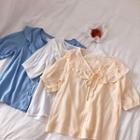 Plain V-neck Panel Ruffled Trim Short-sleeve Blouse
