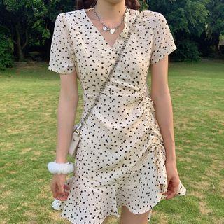 Short-sleeve Dotted Drawstring Mini A-line Dress
