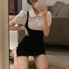 Mock Two-piece Short-sleeve Mini Shirt Dress Black & White - One Size