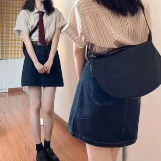 Short-sleeve Striped Shirt / Plain Tie / Denim Mini A-line Skirt / Set