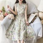 Ruffle Trim Sleeveless Floral Midi A-line Dress