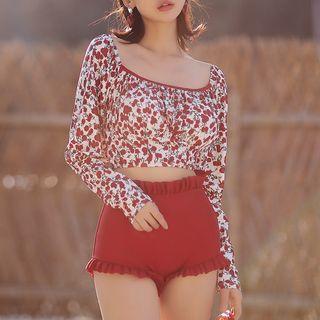 Set: Floral Print Long-sleeve Swim Top + Ruffled Swim Bottom
