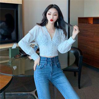 V-neck Cropped Blouse White - One Size
