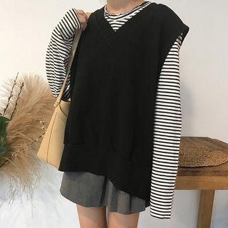 Striped Long-sleeve T-shirt / V-neck Sleeveless Pullover