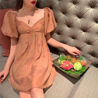 Print Puff-sleeve Dress As Figure - One Size