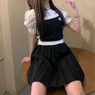 Puff-sleeve Blouse / Flower Embroidered Camisole Top / Pleated Mini A-line Skirt