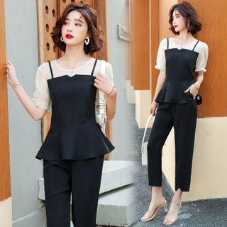 Set: Short Sleeve Mock Two Piece Peplum Top + Plain Cropped Dress Pants