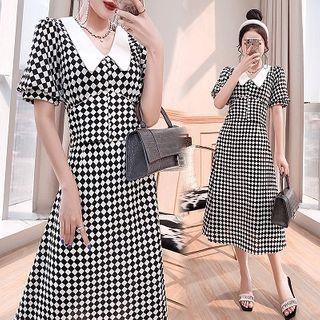 Set: Short-sleeve Checkered Blouse + A-line Midi Skirt