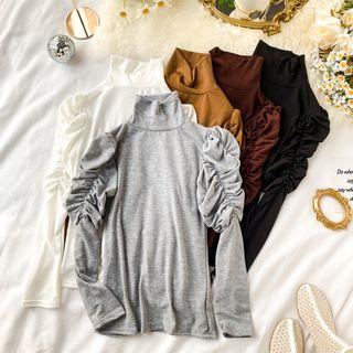 Long-sleeve Turtle-neck Crinkled T-shirt