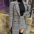 Plaid Double-breasted Long Coat/ Mini A-line Skirt/ Turtleneck Cutout Long-sleeve Knit Top/ Set