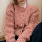 Cable Knit Cardigan / Turtleneck Shirred Long-sleeve Top