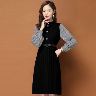 Plaid Panel Long-sleeve Accordion Pleat Mini Dress